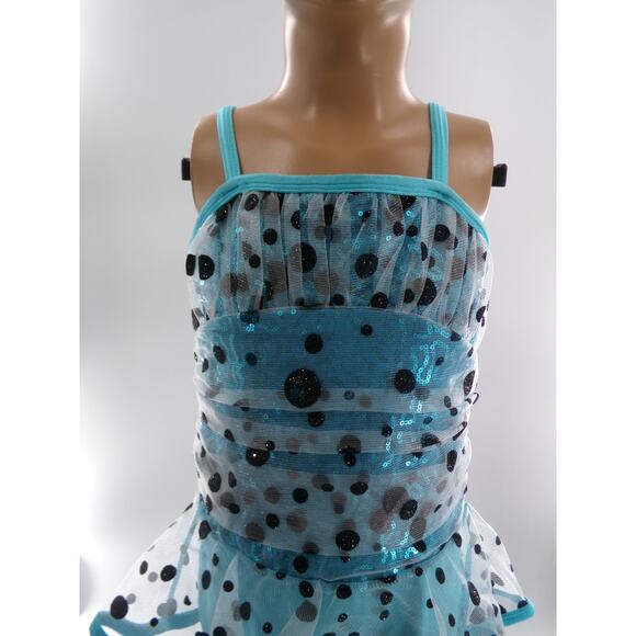 Dance Costume Small Child Blue Curtain Call E425 Jazz Tap Clogging Polka Dots - Picture 2 of 4